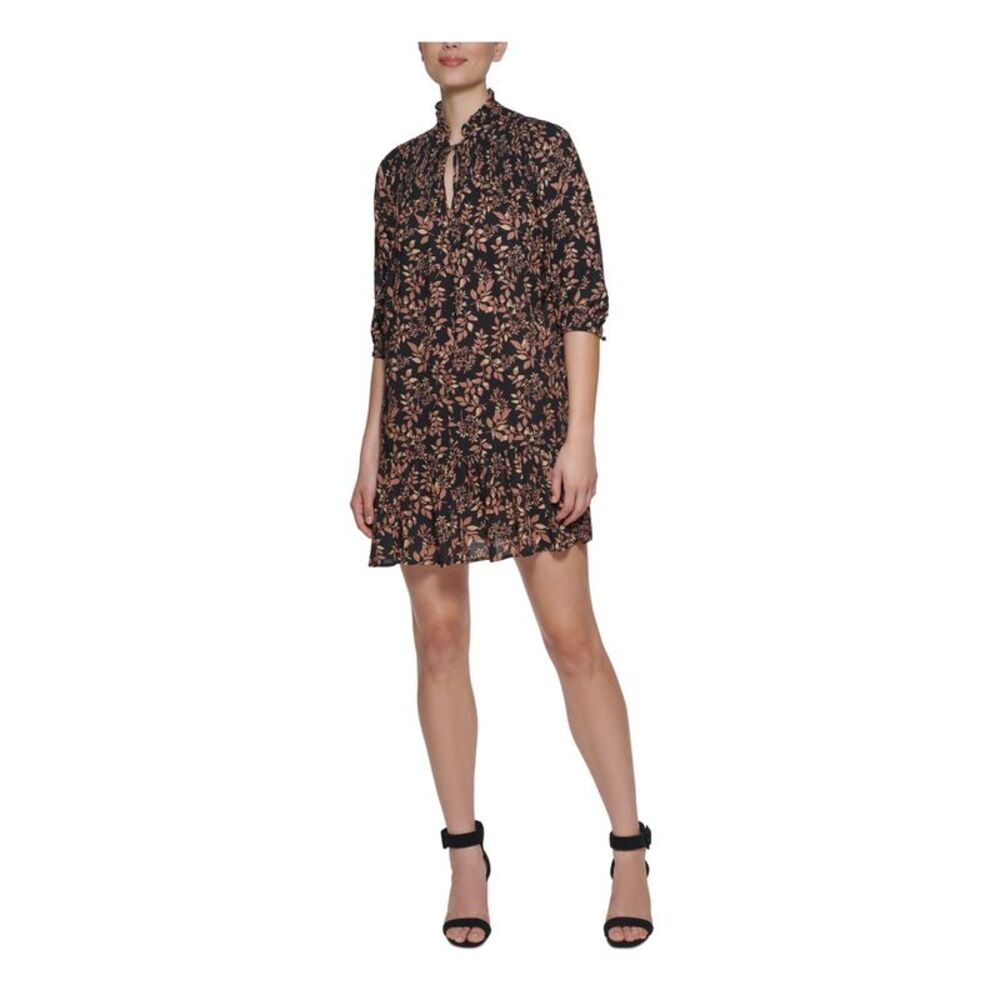 CALVIN KLEIN Womens Black Unlined 3/4 Sleeve Split Short A-Line Dress Petites 2P